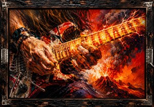 Flying fingers race across a glowing guitar neck as molten frets, electrical arcs, and fiery brushstrokes capture the speed of an extraordinary solo. The close perspective places every movement at the center of the action. Scorched wood, metal hardware, smoke, and volcanic light create an intense tribute to technical brilliance.