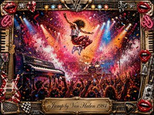 A jubilant rock performer leaps above a packed concert crowd amid blazing spotlights, confetti, smoke, keyboards, guitars, and drums. Vibrant reds, electric blues, golds, and chrome create an explosive 1980s atmosphere. Rich acrylic-style textures and an ornate music-themed frame amplify the energetic, triumphant mood of the scene.