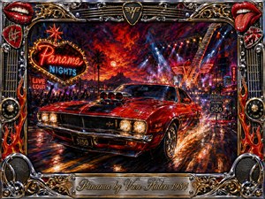 A blazing red muscle car charges through a neon-soaked night highway, surrounded by concert lights, flames, chrome reflections, and cheering silhouettes. Fiery reds, oranges, electric blues, and deep blacks create a loud, rebellious mood. Rich oil-paint textures, dramatic motion, guitar motifs, and an ornate rock-themed frame amplify the energetic 1980s atmosphere.