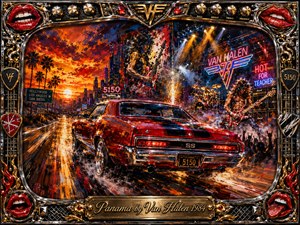 A blazing red muscle car races along a reflective highway from fiery sunset into a neon rock concert, surrounded by guitars, drums, amplifiers, sparks, and cheering silhouettes. Saturated reds, golds, chrome, and deep blues glow dramatically. Thick expressive paint textures and an ornate music-themed frame create a fast, rebellious 1980s atmosphere.