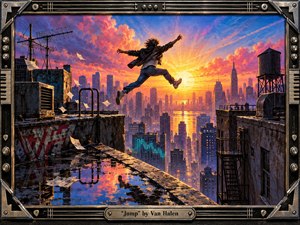 A lone figure leaps between gritty city rooftops at sunrise, suspended against a radiant gold, magenta, and cobalt sky. Wet concrete reflects the glowing skyline while papers scatter in the wind. Rich acrylic and airbrushed textures, dramatic backlighting, industrial details, and a metallic guitar-inspired frame create an exhilarating 1980s rock atmosphere.