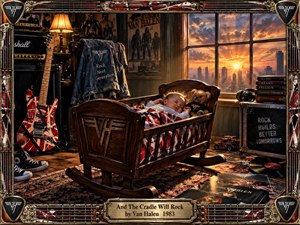 A sleeping child rests in a carved wooden cradle surrounded by electric guitars, amplifiers, records, and rock memorabilia. Warm sunset light pours through a city window, creating an intimate, hopeful mood. Rich wood, distressed metal, crimson accents, and an elaborate guitar-string frame evoke handcrafted 1980s rock nostalgia.