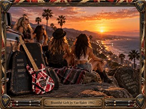 Four young women relax beside a striped electric guitar on a rocky coastal overlook as a brilliant orange sunset illuminates palm-lined beaches and distant city lights. Warm cinematic photography, rugged textures, vintage rock styling, and an ornate guitar-inspired frame create a carefree, nostalgic atmosphere of youthful summer adventure.