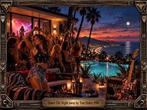 A vibrant sunset terrace overlooks a glowing coastal city as dancers celebrate beside a turquoise infinity pool. Warm amber lights, deep blue skies, palm silhouettes, and a striped electric guitar create an exuberant rock atmosphere. Detailed painterly realism and an ornate metallic frame reinforce the energetic nighttime mood.