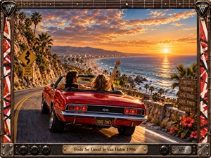 A red convertible sweeps along a palm-lined coastal highway beneath a brilliant golden sunset, carrying two carefree travelers toward a distant city. Warm orange light, blue ocean, rugged cliffs, and glowing clouds create an exhilarating mood, framed by richly detailed guitar hardware, striped accents, and polished metalwork.