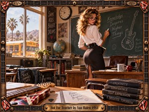 A glamorous teacher commands a sunlit 1980s classroom infused with rebellious rock energy, surrounded by chalkboards, books, guitars, and warm wooden desks. Golden light, deep shadows, saturated amber tones, and meticulous photographic detail create playful tension and nostalgia, while the guitar-inspired frame reinforces Van Halens explosive musical character.