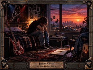 A lonely young rocker sits hunched on a rumpled bed in a shadowy Los Angeles room, surrounded by guitars, records, photographs, and handwritten pages. Fiery sunset light contrasts with deep blue shadows, creating a wistful, heartbroken mood. Photorealistic textures, vintage furnishings, and an ornate guitar-inspired frame evoke late-1970s rock culture.
