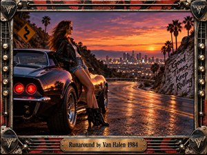 A leather-clad woman leans against a glossy black sports car above a glowing city at sunset, capturing restless confidence and romantic tension. A winding wet road, palms, rugged cliffs, fiery orange-purple skies, and neon reflections create cinematic depth, enclosed by a distressed guitar-inspired metal frame with amplifier knobs and hardware.