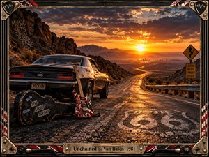 A black muscle car and striped electric guitar overlook a winding desert highway glowing beneath a fiery sunset. Rugged cliffs, distant mountains, and a shimmering city create adventurous depth and rebellious freedom. Photorealistic textures, warm amber light, weathered road details, and a hardware-studded rock-inspired frame reinforce the energetic 1980s atmosphere.