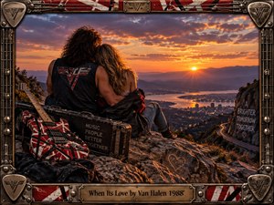 A rock couple embraces on a rugged mountain overlook at fiery sunset, gazing across a glowing river valley and distant city. Warm orange light contrasts with deep violet mountains, while a striped electric guitar, road case, winding highway, carved heart, and weathered metal guitar-themed frame create a romantic 1980s rock atmosphere.