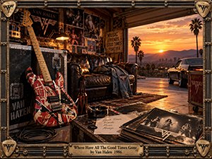 A weathered striped guitar rests in a nostalgic rock garage filled with road cases, photographs, records, and a worn leather couch. Warm sunset light pours through the open door, revealing palm trees, distant mountains, and a parked muscle car. Rich amber tones and distressed textures evoke memories of vanished youthful days.