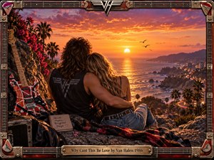 A rock couple embraces on a rugged coastal overlook as a brilliant orange sunset illuminates the ocean, palms, cliffs, and winding city lights below. Warm cinematic photography creates a romantic, nostalgic mood, framed by detailed guitar hardware. A striped electric guitar, road cases, blanket, notebook, and picks enrich the foreground.