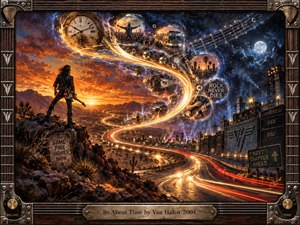 A lone guitarist overlooks a glowing desert highway that twists into a luminous S-curve of clocks, memories, and rock imagery beneath a stormy twilight sky. Warm amber, crimson, steel blue, and violet lighting energize the richly textured oil-painting style, framed by detailed guitar hardware and amplifier-inspired metalwork.