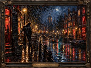 A rain-soaked Amsterdam canal glows beneath moonlight and warm streetlamps, with a lone rocker overlooking shimmering reflections, bicycles, boats, arched bridges, and narrow historic buildings. Rich reds, golds, teals, and deep blues create a restless nocturnal mood. Textured oil brushwork and an ornate guitar-inspired frame reinforce the rock atmosphere.