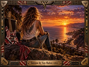 A tattooed rock figure overlooks a glowing California coastline at sunset beside a striped electric guitar and amplifier. Warm orange light contrasts with deep violet clouds, winding highways, palms, and distant city lights. A detailed metallic frame with guitar hardware and engraved accents gives the scene a dramatic handcrafted rock-poster character.