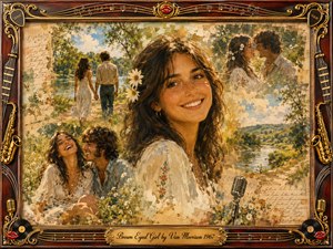A smiling brown-eyed woman anchors a warm collage of youthful romance, surrounded by riverside walks, wildflowers, laughter, and sunlit countryside memories. Golden browns, soft greens, faded blues, and creamy highlights create nostalgic warmth. Painterly oil, acrylic, and watercolor textures blend with vintage script, musical motifs, and an ornate rosewood-and-gold frame.
