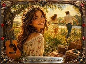 A radiant brown-eyed woman smiles in a sunlit riverside meadow while a carefree couple runs through wildflowers behind her. Warm gold, green, cream, and amber tones create a nostalgic summer mood. Painterly textures, an acoustic guitar, vintage radio, records, and ornate musical framing evoke joyful 1960s romance.