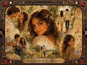 A warm nostalgic collage centers on a brown-eyed young woman surrounded by tender summer memories of a carefree couple walking, laughing, and sharing music outdoors. Golden sunlight bathes wildflowers, woodland paths, and soft greenery. Painterly oil, acrylic, and watercolor textures blend with vintage paper details inside an ornate musical frame.