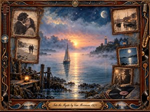 A misty coastal harbor glows beneath a moonlit twilight sky as a lone sailboat drifts toward a distant lighthouse. Vintage rosewood frames hold faded romantic memories, while saxophone, records, guitar details, and golden ornamentation enrich the border. Soft blues, amber light, and painterly textures create a tender, dreamlike nostalgia.