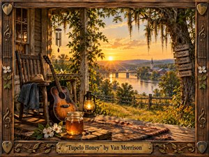 A warmly nostalgic porch overlooks a tranquil river valley at sunset, glowing in amber, gold, and earthy brown. A weathered rocking chair, acoustic guitar, lantern, wildflowers, and honey jar create an intimate, reflective mood. Rich painterly textures, rustic woodwork, mossy trees, and distant town details deepen the handcrafted atmosphere.