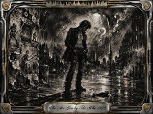 A solitary rocker stands beneath a harsh streetlamp on a rain-soaked city street, surrounded by torn concert posters, drifting smoke, glowing question marks, and a fallen microphone. Deep feathered charcoal textures create a brooding monochrome mood, while wet reflections and distant lights add drama. An ornate chrome-and-gold music-themed frame completes the composition.