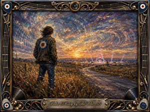 A lone figure stands beside a winding country road, gazing toward distant concert lights beneath a turbulent sunset sky. Rich oil-painted textures blend gold, blue, violet, and amber, creating a mood of yearning and freedom. An ornate chrome-and-gold musical frame surrounds the scene, with vinyl, cables, speakers, and engraved title plate.