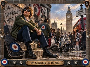 A defiant young mod sits beside a battered guitar case on a rain-slicked London street, surrounded by scooters, stylish youths, and vivid 1960s details. Warm sunset light frames Big Ben and a red bus, while gritty posters, target motifs, chrome hardware, and the guitar-inspired border reinforce the rebellious, energetic mood.
