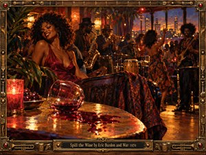 A vibrant 1970s nightclub pulses with soulful energy as musicians perform and dancers sway beneath warm amber lighting. A glamorous woman in crimson relaxes beside a table with spilled red wine. Rich oil painting textures, tropical foliage, glowing city lights, and an ornate brass musical frame create a seductive, celebratory atmosphere.