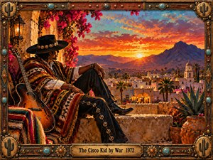 A relaxed cowboy in a colorful serape overlooks a sunlit Southwestern town at sunset, his guitar resting nearby. Fiery orange skies illuminate distant mountains, adobe buildings, and flowering terraces. Rich oil painting textures create warmth and nostalgia, while an ornate turquoise-studded Western frame adds rustic character and musical heritage.