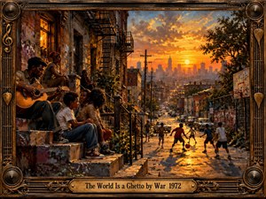 A richly textured oil painting captures a vibrant 1970s neighborhood at sunset. Families gather on weathered stoops while children play basketball along a bustling street. Golden light illuminates brick buildings beneath a dramatic orange sky. A distant skyline suggests urban struggle and resilience, framed by ornate bronze musical details.