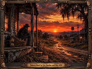 A weathered traveler sits on a crumbling wooden porch overlooking a winding dirt road at sunset. Fiery orange skies illuminate abandoned buildings, distant hills, and a solitary water tower. Rich painterly textures evoke hardship, nostalgia, and resilience. An ornate bronze frame with musical details and an engraved title plate completes the composition.