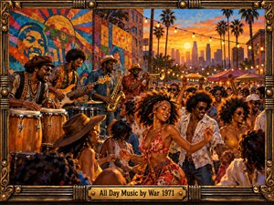 A vibrant 1970s street celebration unfolds beneath a glowing orange sunset. Musicians play congas, bass, saxophone, and trumpet as joyful dancers fill the foreground. Colorful murals, palm trees, and city buildings enrich the festive atmosphere. Warm golden lighting and expressive oil brushwork complement an ornate bronze musical frame.