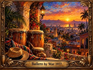 A vibrant oil painting captures a tropical city glowing beneath a fiery orange and violet sunset. Conga drums, woven textiles, and a straw hat fill a lush balcony overlooking illuminated rooftops and distant mountains. Rich brushwork evokes Latin rhythms and warmth, framed by ornate bronze musical carvings and an engraved title plate.