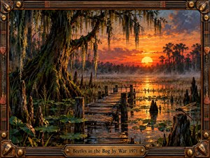 A richly textured oil painting depicts a misty Southern swamp at sunset, with an ancient moss-covered cypress tree overlooking a weathered wooden boardwalk. Fiery orange reflections illuminate dark water, lily pads, and a resting dragonfly. An ornate bronze frame with musical details and an engraved title plate completes the atmospheric composition.