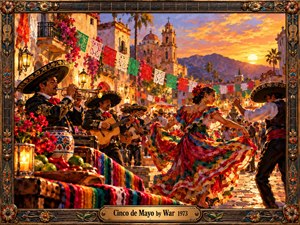 A vibrant oil painting captures a festive Mexican plaza at sunset, where musicians perform and dancers swirl beneath colorful papel picado banners. Golden light illuminates colonial architecture, distant mountains, and bustling crowds. Rich reds, oranges, and turquoise create joyful energy, while an ornate carved wooden frame and engraved brass title plate complete the composition.