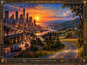 A richly detailed oil painting blends a bustling 1970s city skyline with peaceful countryside at sunset. Winding highways connect glowing skyscrapers, reflective waterways, green hills, and rustic farmland. Vibrant orange and purple skies create nostalgic warmth, while a weathered bronze frame with guitar details surrounds the harmonious landscape.