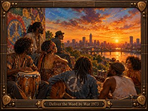 A soulful 1970s rooftop gathering overlooks a glowing city skyline and river at sunset. Friends share music, conversation, and peaceful reflection beneath brilliant orange and violet clouds. Rich painterly textures, warm golden lighting, colorful murals, and an ornate bronze frame with guitar strings and peace symbols evoke unity and harmony.
