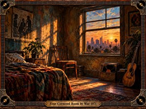 A richly textured oil painting depicts a solitary 1970s bedroom overlooking a palm-lined city at sunset. Golden light illuminates weathered walls, colorful bedding, vintage records, and an acoustic guitar. Deep amber and earthy tones evoke quiet introspection. An ornate guitar-string frame with brass corners and an engraved title plate completes the nostalgic composition.