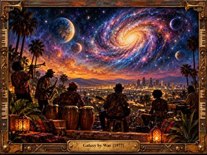 A vibrant painted nightscape captures a funk band performing above a glowing city beneath a swirling cosmic galaxy. Golden sunsets blend into violet, blue, and fiery orange nebulae, while palm trees and lanterns frame the musicians. An ornate bronze musical border and engraved title plate complete the energetic, dreamlike composition.