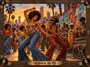 A vibrant oil painting captures a joyful 1970s street celebration, with energetic dancers, musicians, conga drums, and a vintage boombox. Golden sunset light illuminates colorful murals, palm trees, and city buildings. Rich brushwork and warm tones evoke infectious funk rhythms, framed by ornate musical detailing and an engraved brass title plate.
