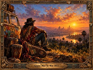 A wandering musician rests beside a colorful vintage van, overlooking a sprawling city and winding river at sunset. Fiery orange skies blend with violet clouds above distant mountains. Rich oil painting textures capture freedom, reflection, and adventure. An ornate bronze musical frame and engraved title plate complete the nostalgic composition.