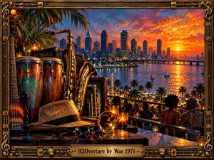 A vibrant sunset illuminates a waterfront skyline, where golden reflections shimmer across blue water beneath fiery orange clouds. Congas, brass instruments, and vintage musical equipment anchor a lively rooftop gathering framed by tropical palms. Rich painterly textures, warm lantern light, and ornate bronze musical detailing evoke soulful 1970s rhythms.