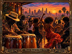A vibrant oil painting captures a soulful rooftop celebration overlooking a glowing 1970s city skyline. Musicians play congas, saxophone, and bass as dancers move beneath fiery orange and purple sunset skies. Warm golden lighting, expressive brushwork, and lush palm trees create infectious energy, enclosed within an ornate bronze musical frame.