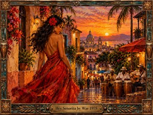 A woman in a flowing crimson dress overlooks a vibrant colonial street at sunset, where musicians play beneath swaying palms. Golden lanterns illuminate cobblestones, colorful buildings, and distant cathedral domes. Rich oil brushwork captures romantic Latin rhythms, framed by ornate turquoise and bronze detailing with a personalized brass title plate.