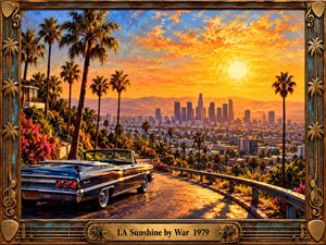 A vibrant oil painting captures Los Angeles beneath a blazing golden sunset. A vintage blue convertible overlooks the sprawling city skyline from a winding hillside road. Towering palms, colorful bougainvillea, and distant mountains create nostalgic warmth. An ornate bronze and wood musical frame completes the soulful California atmosphere.