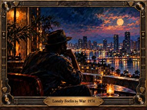 A solitary man in a fedora overlooks a moonlit waterfront city from a warmly lit balcony. Rich oil brushstrokes blend deep blues, violet skies, and glowing amber reflections, evoking soulful loneliness and quiet contemplation. An ornate brass and dark wood frame incorporates guitar strings, musical hardware, and an engraved title plate.