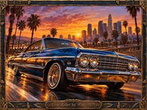 A gleaming blue lowrider cruises above a sunlit Los Angeles skyline, framed by towering palms and a fiery orange sunset. Rich oil brushwork captures polished chrome, golden reflections, and vibrant urban energy. An ornate bronze musical frame surrounds the nostalgic scene, with an engraved title plate celebrating 1970s cruising culture.
