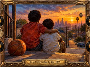 A richly textured oil painting depicts two young brothers sitting together above a Los Angeles neighborhood at sunset. Golden orange skies illuminate distant skyscrapers, palm trees, and quiet streets. A weathered basketball suggests childhood memories and companionship. Ornate brass musical instruments frame the nostalgic scene, emphasizing warmth, unity, and brotherhood.
