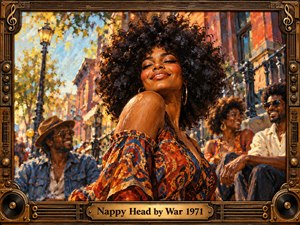 A vibrant oil painting captures a confident woman with a magnificent afro surrounded by smiling friends on a sunlit 1970s city street. Rich oranges, blues, and golden highlights create warmth and celebration. Expressive brushstrokes emphasize community pride and soulful energy, while an ornate bronze musical frame completes the nostalgic composition.