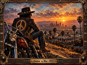 A rugged biker overlooks a sprawling Los Angeles skyline at sunset, his motorcycle gleaming beneath fiery orange and violet clouds. Palm trees and winding highways evoke freedom, rebellion, and solitude. Rich oil painting textures create cinematic warmth, while an ornate bronze and wood frame features musical details and an engraved title plate.